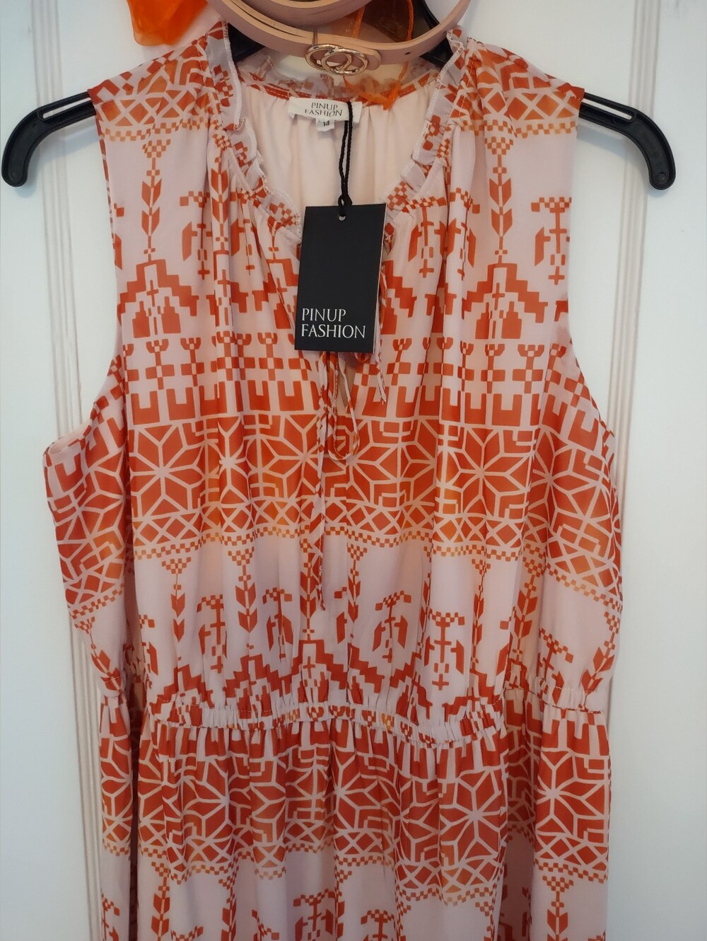 Orange & White New Sleeveless Floral Pattern Ruffly Country Chic Dress